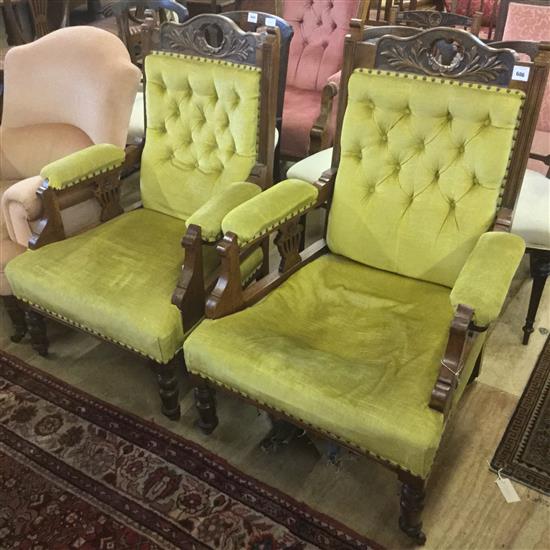 Pair Victorian button back showwood armchairs(-)